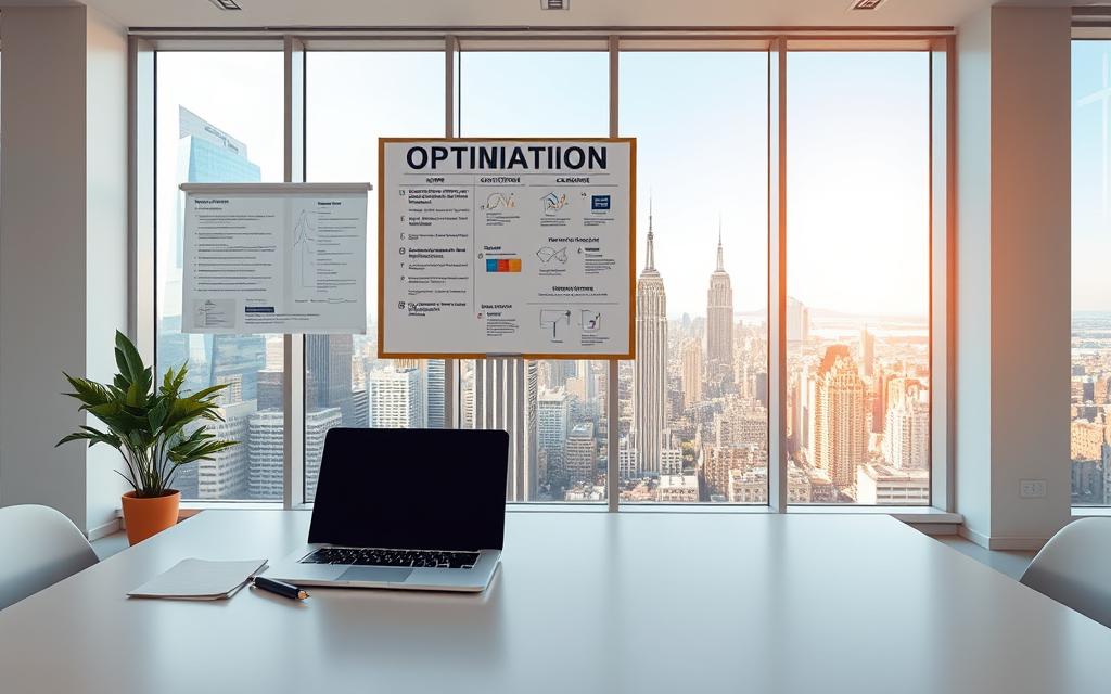A bright, clean, minimalist office setting, with a large desk in the foreground featuring a laptop, notes, and a pen. In the middle ground, a bulletin board displays content optimization strategies, algorithms, and best practices. The background showcases large windows overlooking a bustling city skyline, bathed in warm, natural light. The overall scene conveys a sense of productivity, organization, and a focus on staying ahead of the curve in content optimization amid evolving search engine algorithms.