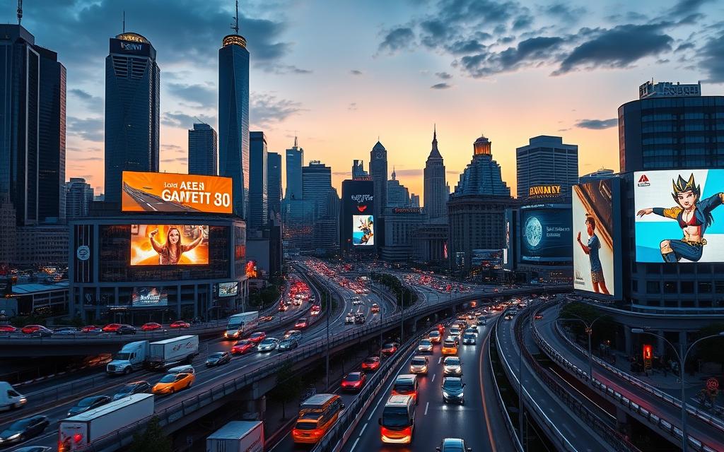 A bustling cityscape at dusk, with towering skyscrapers and a network of roads crisscrossing the landscape. In the foreground, cars and trucks navigate the gridlocked traffic, their headlights glowing like a thousand fireflies in the twilight. In the middle ground, billboards and digital displays flash with captivating advertisements, beckoning passersby. The background is bathed in a warm, golden glow, reflecting the energy and dynamism of the urban environment. The scene conveys a sense of vibrant activity and the constant pursuit of attention and engagement, mirroring the strategies required to drive traffic and conversions in the digital age. A bustling cityscape at dusk, with towering skyscrapers and a network of roads crisscrossing the landscape. In the foreground, cars and trucks navigate the gridlocked traffic, their headlights glowing like a thousand fireflies in the twilight. In the middle ground, billboards and digital displays flash with captivating advertisements, beckoning passersby. The background is bathed in a warm, golden glow, reflecting the energy and dynamism of the urban environment. The scene conveys a sense of vibrant activity and the constant pursuit of attention and engagement, mirroring the strategies required to drive traffic and conversions in the digital age.