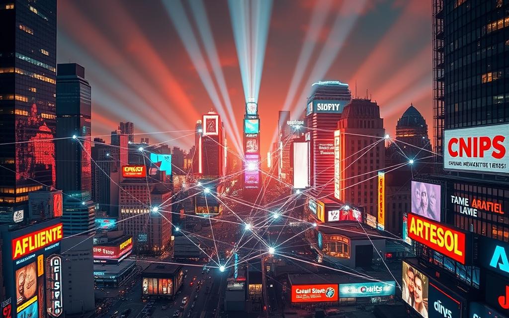 A bustling cityscape with towering skyscrapers and glowing neon signs, symbolizing the vast digital landscape of online marketing. In the foreground, a network of interconnected affiliate links radiates outward, pulsing with energy and opportunity. Diverse audiences, represented by vibrant icons, are drawn into this expanding ecosystem, their attention and engagement fueling growth. Beams of light pierce through the urban haze, illuminating the path to new revenue streams and untapped potential. The scene conveys a sense of dynamism, innovation, and the boundless possibilities of scaling one's affiliate marketing reach beyond a single platform.