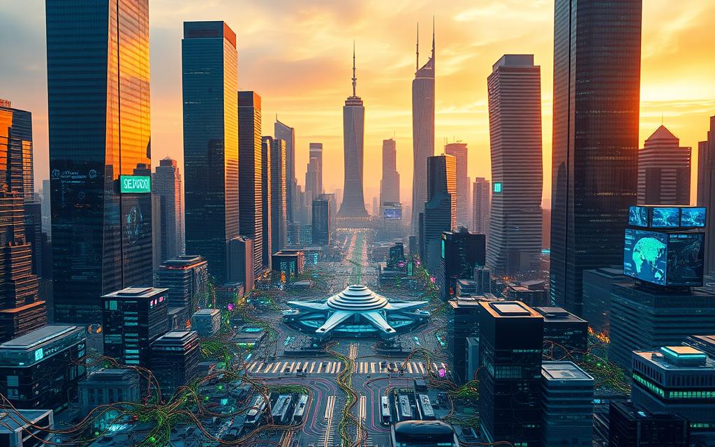 A bustling digital cityscape with towering skyscrapers representing the interconnected landscape of social media and search engine optimization. In the foreground, a tangle of colorful digital vines and circuits weave between sleek, futuristic devices, symbolizing the intricate relationship between these two realms. The middle ground features a central hub where data streams and algorithms collide, creating a dynamic, ever-evolving ecosystem. The background is bathed in a warm, amber glow, evoking a sense of discovery and innovation. The scene is captured through the lens of a high-resolution, wide-angle camera, emphasizing the scale and complexity of this digital world.