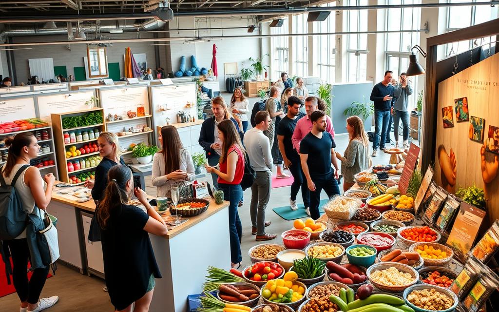 A bustling health and wellness fair, with a vibrant array of stalls showcasing the latest diet trends and superfoods. In the foreground, an inviting display of colorful smoothie bowls, organic produce, and artisanal protein bars. In the middle ground, people actively engage with holistic health coaches, discussing the benefits of intermittent fasting and low-carb diets. The background features a mix of modern fitness equipment, yoga mats, and wellness-inspired decor, all bathed in warm, natural lighting that creates a calming, energetic atmosphere.