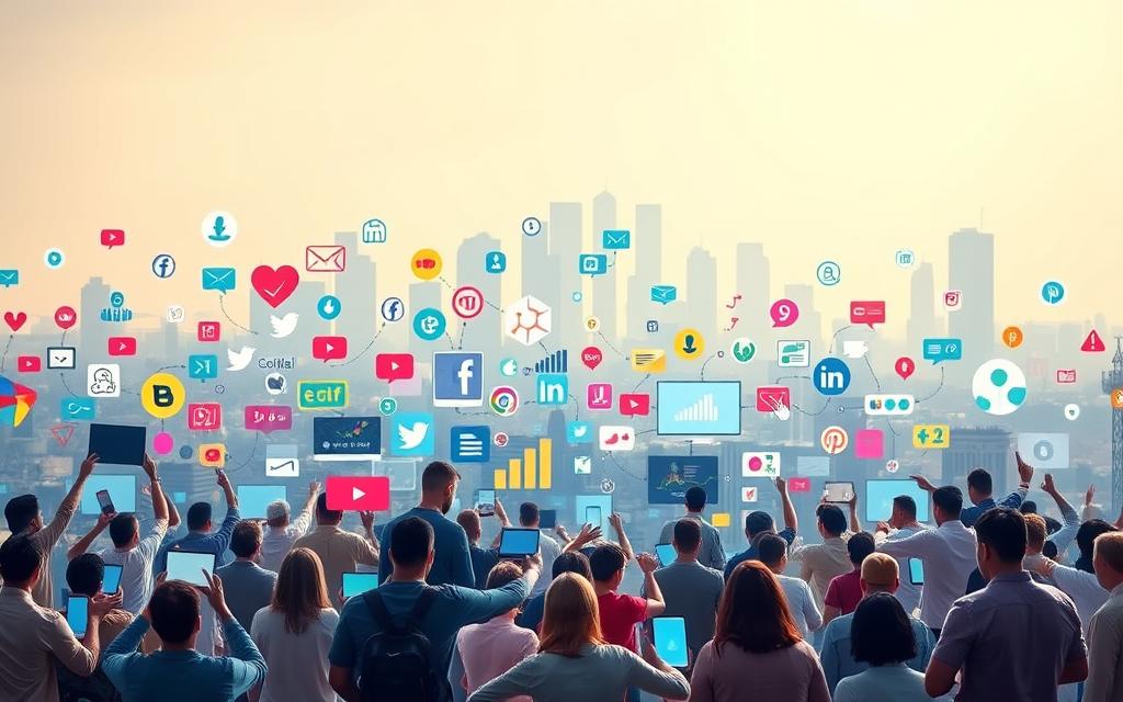 A bustling social media landscape with various platforms represented by vibrant icons and symbols. In the foreground, users engage with content, sharing and interacting through a colorful array of digital gestures. The middle ground showcases the interplay of algorithms, analytics, and targeted strategies, while the background features a stylized city skyline, symbolizing the global reach and interconnectedness of social media. Lighting is soft and diffused, creating a sense of harmony and balance. The overall atmosphere conveys the dynamic, ever-evolving nature of social media engagement strategies. A bustling social media landscape with various platforms represented by vibrant icons and symbols. In the foreground, users engage with content, sharing and interacting through a colorful array of digital gestures. The middle ground showcases the interplay of algorithms, analytics, and targeted strategies, while the background features a stylized city skyline, symbolizing the global reach and interconnectedness of social media. Lighting is soft and diffused, creating a sense of harmony and balance. The overall atmosphere conveys the dynamic, ever-evolving nature of social media engagement strategies.