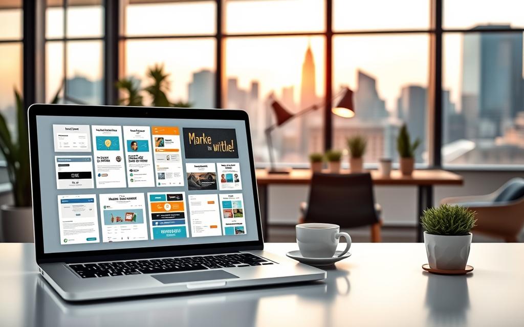 A contemporary office setting with a sleek, minimalist aesthetic. In the foreground, a laptop screen displays a collage of customizable marketing automation templates - email campaigns, social media posts, and landing pages. The middle ground features a neatly organized desk with a stylish lamp, a cup of coffee, and a few potted plants, conveying a sense of productivity and focus. The background showcases floor-to-ceiling windows overlooking a bustling city skyline, bathed in warm, natural lighting. The overall mood is one of efficiency, creativity, and a touch of sophistication, perfectly encapsulating the "Tips for Getting Started with Marketing Automation" section. A contemporary office setting with a sleek, minimalist aesthetic. In the foreground, a laptop screen displays a collage of customizable marketing automation templates - email campaigns, social media posts, and landing pages. The middle ground features a neatly organized desk with a stylish lamp, a cup of coffee, and a few potted plants, conveying a sense of productivity and focus. The background showcases floor-to-ceiling windows overlooking a bustling city skyline, bathed in warm, natural lighting. The overall mood is one of efficiency, creativity, and a touch of sophistication, perfectly encapsulating the "Tips for Getting Started with Marketing Automation" section.