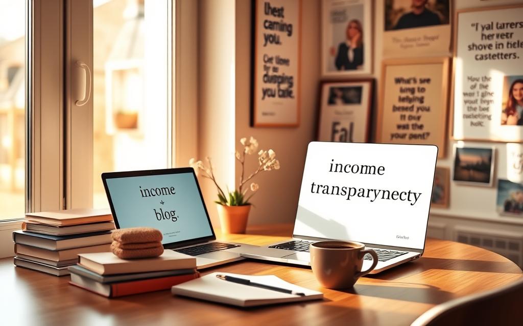 A cozy home office setup with a MacBook Pro, a stack of books, and a mug of steaming coffee. The desk is adorned with a minimalist "income transparency blog" sign, reflecting the owner's commitment to financial openness. Warm, natural lighting filters through a nearby window, casting a serene glow on the scene. The walls are lined with inspirational quotes and personal photos, creating an inviting and motivational workspace. A sense of professionalism and productivity permeates the environment, aligning with the subject's journey of transforming her passion into a successful affiliate marketing venture. A cozy home office setup with a MacBook Pro, a stack of books, and a mug of steaming coffee. The desk is adorned with a minimalist "income transparency blog" sign, reflecting the owner's commitment to financial openness. Warm, natural lighting filters through a nearby window, casting a serene glow on the scene. The walls are lined with inspirational quotes and personal photos, creating an inviting and motivational workspace. A sense of professionalism and productivity permeates the environment, aligning with the subject's journey of transforming her passion into a successful affiliate marketing venture.