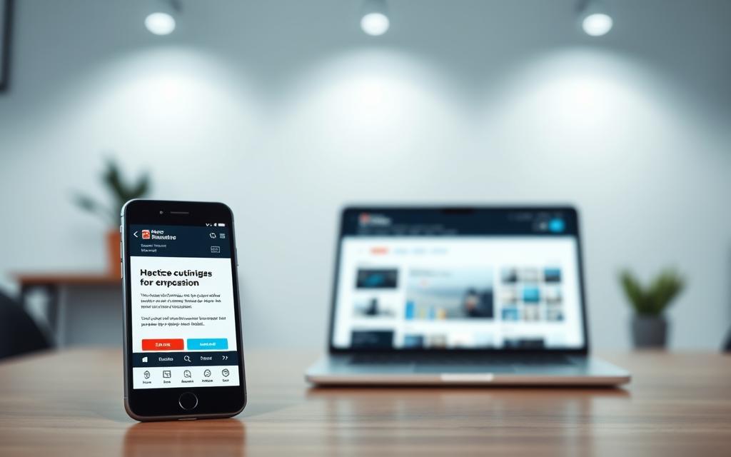 A crisp, well-designed website with a sleek, responsive layout showcasing mobile optimization techniques. In the foreground, a smartphone displaying a clean, user-friendly interface with intuitive navigation and effective calls-to-action. The middle ground features a laptop screen mirroring the mobile layout, emphasizing the seamless cross-device experience. The background depicts a minimalist office setting with subtle lighting, creating a professional, tech-savvy atmosphere. The overall mood conveys a sense of efficiency, productivity, and a commitment to delivering an optimal digital experience for small business customers.