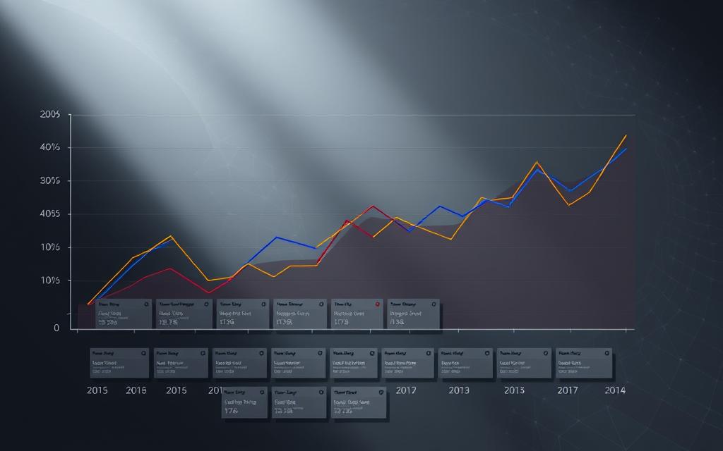 A detailed data visualization showcasing the fluctuations in website rankings over time, with a focus on the impact of algorithm updates. In the foreground, a line graph depicts the shifting positions of multiple websites, with distinct color-coded lines tracing their trajectories. The middle ground features a grid-like layout of smaller individual case studies, each represented by a compact data visualization. The background offers a muted, abstract pattern hinting at the complex algorithmic forces at play, rendered in a subdued color palette to maintain visual balance. Soft, directional lighting casts subtle shadows, creating depth and emphasizing the dynamic nature of the ranking data. The overall impression conveys a sense of analytical insight into the nuanced relationship between algorithm updates and website performance.