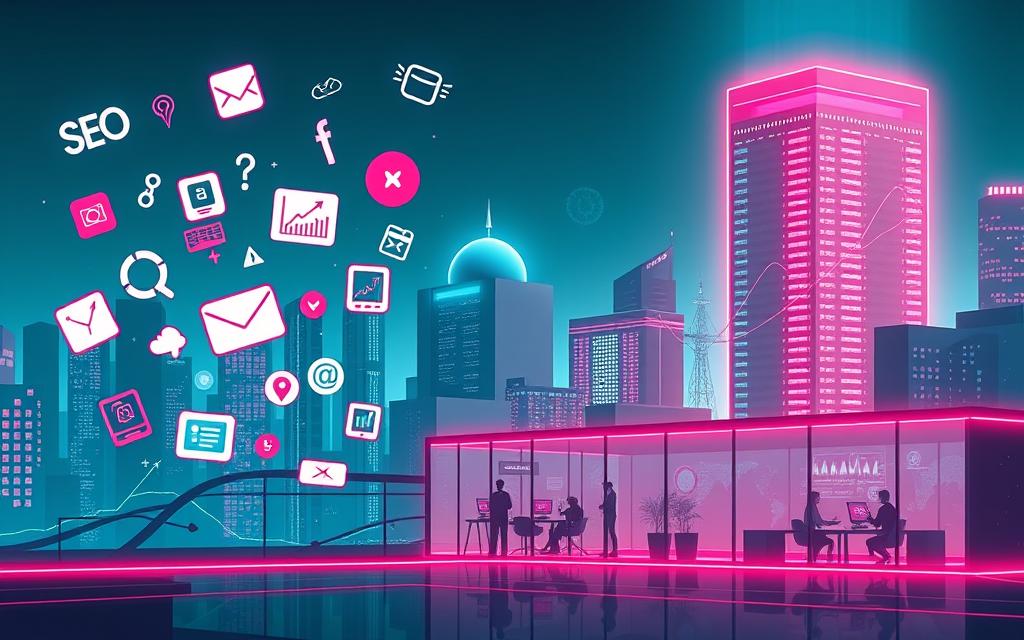 A digital marketing strategies illustration set against a futuristic, neon-lit cityscape. In the foreground, various marketing icons and symbols float and intertwine, representing SEO, social media, email, and analytics. The middle ground features sleek, minimalist office spaces with creative teams collaborating on digital campaigns. In the background, a towering data center emits a soft, ethereal glow, symbolizing the technological backbone of modern marketing. Cinematic lighting and a moody, teal-and-magenta color palette evoke a sense of innovation, connectivity, and the dynamic nature of the digital marketing landscape.