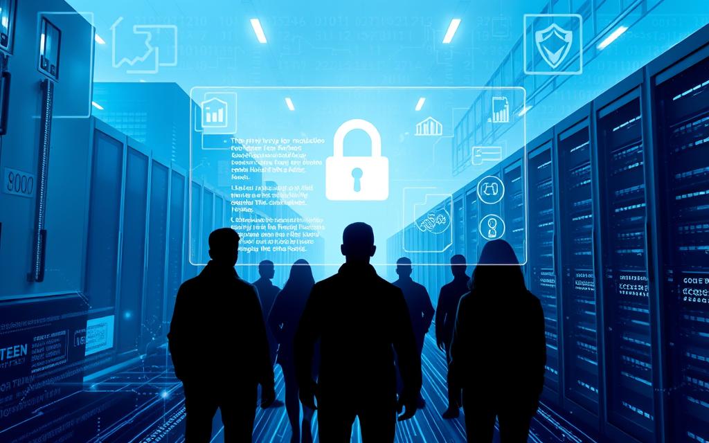 A futuristic cityscape with towering, sleek data centers and server racks, bathed in a cool, blue-tinted lighting. In the foreground, a holographic display showcases a set of privacy regulations, their text and icons appearing to float in the air. The middle ground features silhouettes of people, their faces obscured, navigating through the maze of digital security protocols. The background is a hazy, abstract landscape of data streams and encrypted networks, creating a sense of the vast, complex landscape of modern data protection.