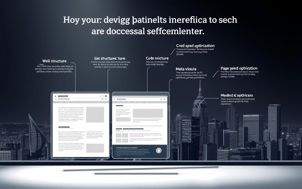A high-contrast, diagrammatic illustration depicting the key design elements that influence SEO performance. In the foreground, a clean, minimalist website layout with well-structured content, clear navigation, and optimized visuals. In the middle ground, technical details like code structure, metadata, and page speed optimization. In the background, a cityscape representing the broader digital landscape, with search engine crawlers, algorithms, and user behavior. Lighting is crisp and directional, with a technical, data-driven aesthetic. The overall mood is informative and authoritative, conveying the importance of strategic web design for successful SEO. A high-contrast, diagrammatic illustration depicting the key design elements that influence SEO performance. In the foreground, a clean, minimalist website layout with well-structured content, clear navigation, and optimized visuals. In the middle ground, technical details like code structure, metadata, and page speed optimization. In the background, a cityscape representing the broader digital landscape, with search engine crawlers, algorithms, and user behavior. Lighting is crisp and directional, with a technical, data-driven aesthetic. The overall mood is informative and authoritative, conveying the importance of strategic web design for successful SEO.