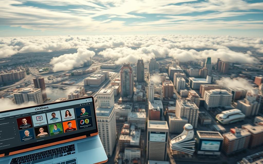 A high-quality aerial view of the Clickbank online marketplace, showcasing its diverse product offerings and user-friendly interface. The foreground features a sleek, modern dashboard with intuitive navigation controls and colorful icons representing various digital products and services. The middle ground depicts a bustling network of interconnected seller profiles, affiliate programs, and customer transactions, all set against a backdrop of a serene, cloud-filled sky. The lighting is warm and inviting, creating a sense of productivity and potential for media buyers to explore and leverage the platform. The camera angle is slightly elevated, providing a comprehensive overview of the Clickbank ecosystem to emphasize its scale and scope.