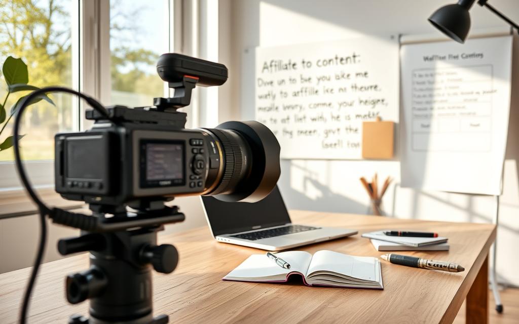 A high-quality content creation setup with a professional camera, lighting, and a clean, modern workspace. The camera lens captures the scene in sharp focus, showcasing a laptop, notebook, and various writing tools arranged neatly on a minimalist wooden desk. Soft, natural lighting filters in through large windows, creating a warm, inviting atmosphere. In the background, a whiteboard or corkboard displays inspirational quotes and affiliate marketing strategies, hinting at the informative nature of the content being produced. The overall scene conveys a sense of productivity, creativity, and a dedication to creating valuable, engaging affiliate content. A high-quality content creation setup with a professional camera, lighting, and a clean, modern workspace. The camera lens captures the scene in sharp focus, showcasing a laptop, notebook, and various writing tools arranged neatly on a minimalist wooden desk. Soft, natural lighting filters in through large windows, creating a warm, inviting atmosphere. In the background, a whiteboard or corkboard displays inspirational quotes and affiliate marketing strategies, hinting at the informative nature of the content being produced. The overall scene conveys a sense of productivity, creativity, and a dedication to creating valuable, engaging affiliate content.