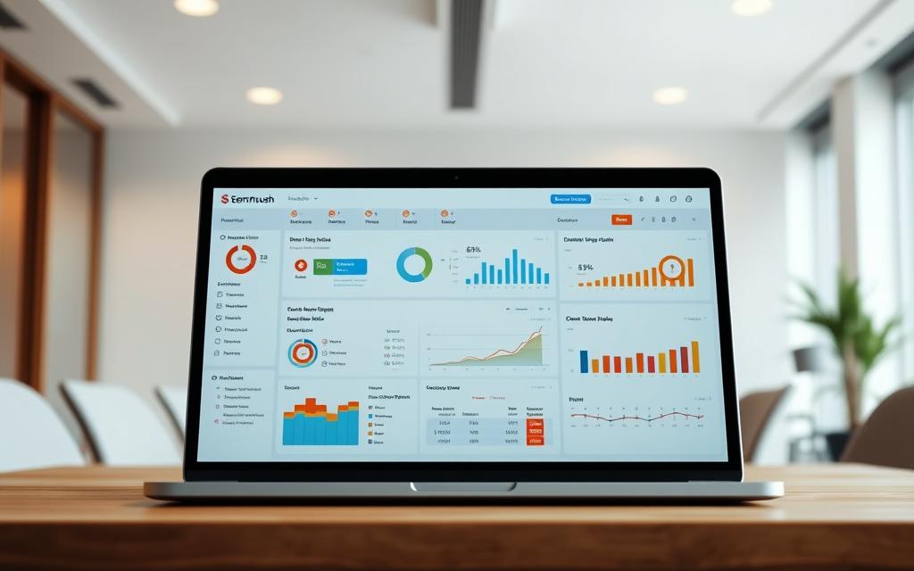 A high-resolution, detailed image of the Semrush dashboard analytics overview. The foreground features a large, well-organized analytics dashboard with various charts, graphs, and data visualizations, all presented in a clean, modern interface. The middle ground shows a laptop or desktop computer screen displaying the dashboard, with the Semrush logo prominently visible. The background depicts a minimalist, neutral-toned office setting, with hints of natural lighting and a professional, business-oriented atmosphere. The overall mood is one of clarity, productivity, and data-driven decision-making, perfectly suited to illustrate the "Understanding the Semrush Dashboard and Analytics" section of the comprehensive guide. A high-resolution, detailed image of the Semrush dashboard analytics overview. The foreground features a large, well-organized analytics dashboard with various charts, graphs, and data visualizations, all presented in a clean, modern interface. The middle ground shows a laptop or desktop computer screen displaying the dashboard, with the Semrush logo prominently visible. The background depicts a minimalist, neutral-toned office setting, with hints of natural lighting and a professional, business-oriented atmosphere. The overall mood is one of clarity, productivity, and data-driven decision-making, perfectly suited to illustrate the "Understanding the Semrush Dashboard and Analytics" section of the comprehensive guide.