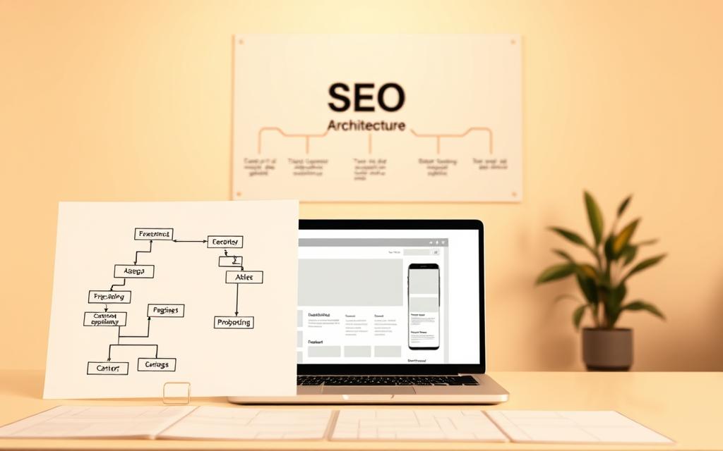 A modern, minimalist site architecture with a clean, organized layout. The foreground features a simplified site map, showcasing the hierarchical structure and navigation flow, with intuitive labeling and icons. The middle ground depicts a laptop screen displaying a sleek, mobile-responsive web design, emphasizing the importance of a mobile-first approach. In the background, a stylized SEO process diagram illustrates the interconnected elements of technical optimization, content strategy, and user experience. The scene is bathed in warm, directional lighting, creating a sense of clarity and focus, reflecting the efficient and effective nature of an SEO-friendly site architecture. A modern, minimalist site architecture with a clean, organized layout. The foreground features a simplified site map, showcasing the hierarchical structure and navigation flow, with intuitive labeling and icons. The middle ground depicts a laptop screen displaying a sleek, mobile-responsive web design, emphasizing the importance of a mobile-first approach. In the background, a stylized SEO process diagram illustrates the interconnected elements of technical optimization, content strategy, and user experience. The scene is bathed in warm, directional lighting, creating a sense of clarity and focus, reflecting the efficient and effective nature of an SEO-friendly site architecture.