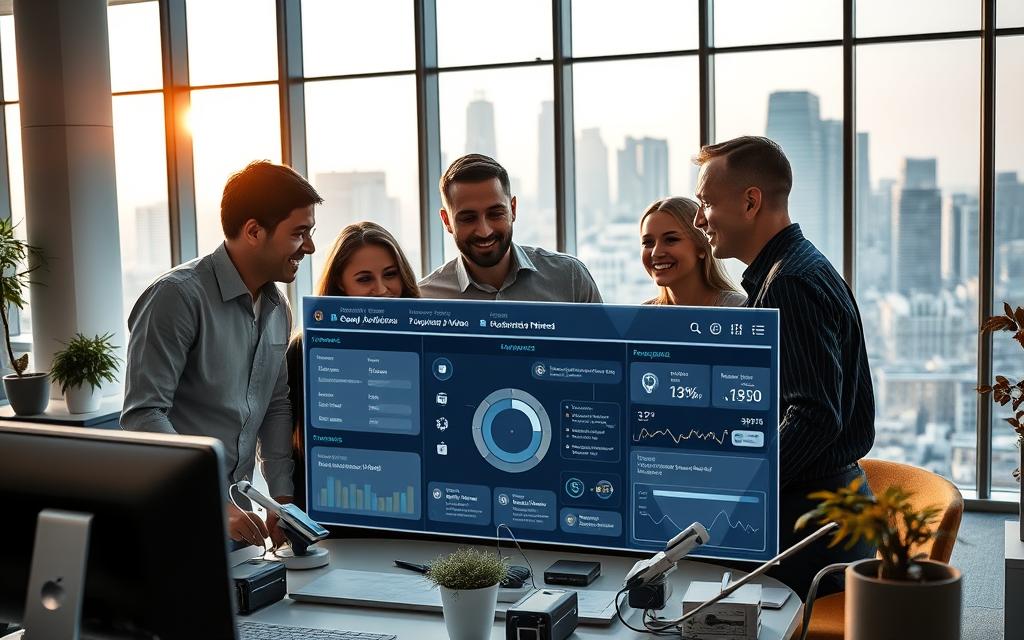 A modern office interior with floor-to-ceiling windows, bathed in warm natural light. In the foreground, a team of professionals collaborating around a sleek, automated workflow dashboard, their faces lit with expressions of engagement and satisfaction. Cutting-edge technology seamlessly integrates with the workspace, streamlining tasks and boosting productivity. The middle ground showcases various automated tools and smart devices, all working in harmony to optimize the environment. In the background, a bustling city skyline serves as a testament to the power of innovation and progress. An atmosphere of efficiency, innovation, and shared success permeates the scene, capturing the essence of real-world automation triumph. A modern office interior with floor-to-ceiling windows, bathed in warm natural light. In the foreground, a team of professionals collaborating around a sleek, automated workflow dashboard, their faces lit with expressions of engagement and satisfaction. Cutting-edge technology seamlessly integrates with the workspace, streamlining tasks and boosting productivity. The middle ground showcases various automated tools and smart devices, all working in harmony to optimize the environment. In the background, a bustling city skyline serves as a testament to the power of innovation and progress. An atmosphere of efficiency, innovation, and shared success permeates the scene, capturing the essence of real-world automation triumph.
