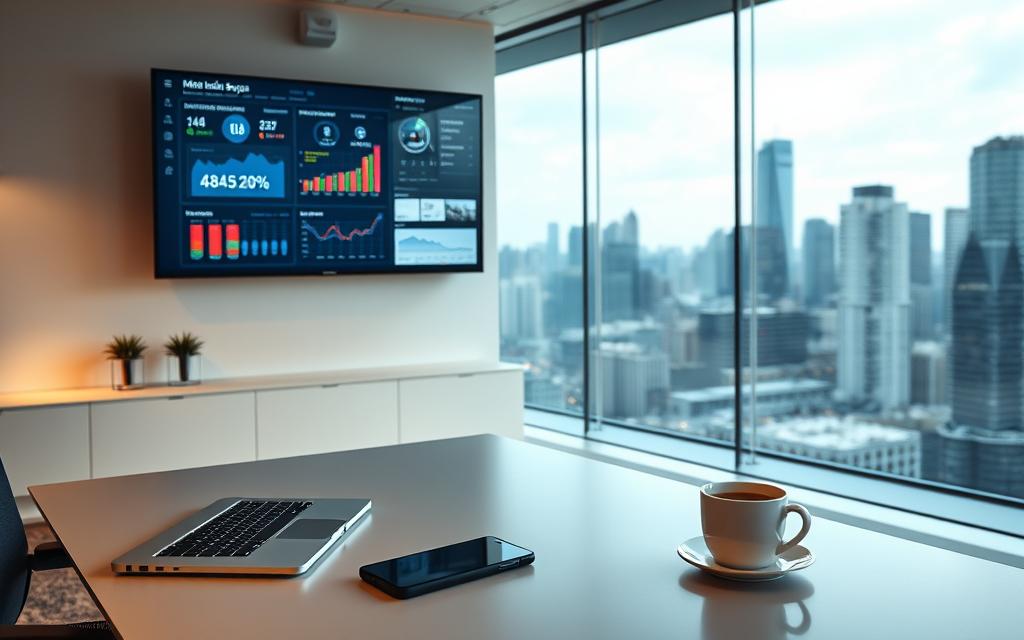 A modern office setting with a sleek, minimalist design. In the foreground, a desk with a laptop, smartphone, and a cup of coffee, symbolizing the tools of a media buyer's trade. In the middle ground, a large wall-mounted monitor displaying data visualizations and analytics, providing insights into campaign performance. The background features an expansive window overlooking a bustling cityscape, suggesting the fast-paced nature of the media buying industry. Soft, directional lighting from the window creates a warm, productive atmosphere, while the clean lines and neutral color palette convey a sense of efficiency and professionalism. The overall scene reflects the need for media buyers to optimize their time and leverage technology to make informed, data-driven decisions.