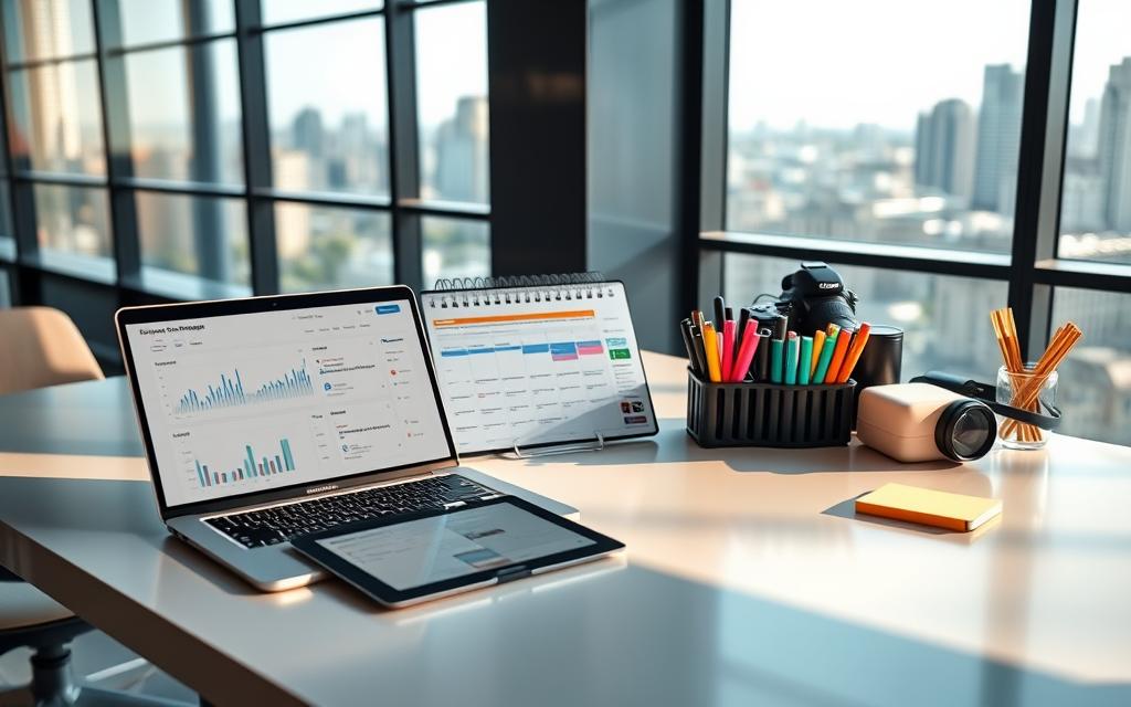 A modern office setting with an array of campaign management tools laid out on a sleek, minimalist desk. In the foreground, a laptop displays analytics dashboards and optimization workflows. Beside it, a tablet showcases a campaign calendar and various scheduling apps. In the middle ground, a desk organizer holds a collection of colorful markers, sticky notes, and a high-end DSLR camera for content creation. The background features large windows with a cityscape visible, bathed in warm, directional lighting that casts subtle shadows across the scene, creating a professional and productive atmosphere.