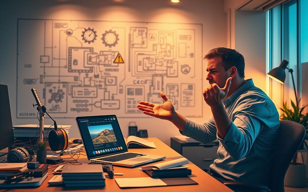 A modern office workspace with a cluttered desk, a laptop showing a crashed website, and a frustrated worker gesturing in dismay. The scene is bathed in warm, golden lighting, creating a sense of tension and stress. In the background, a wall displays a giant web design blueprint, partially obscured by floating error messages and warning icons. The overall atmosphere conveys the pitfalls of a website redesign project gone wrong, with the worker overwhelmed by the complexities involved. A modern office workspace with a cluttered desk, a laptop showing a crashed website, and a frustrated worker gesturing in dismay. The scene is bathed in warm, golden lighting, creating a sense of tension and stress. In the background, a wall displays a giant web design blueprint, partially obscured by floating error messages and warning icons. The overall atmosphere conveys the pitfalls of a website redesign project gone wrong, with the worker overwhelmed by the complexities involved.