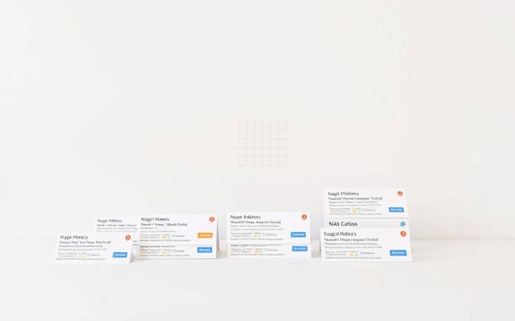 A neatly organized and consistent set of NAP (Name, Address, Phone) citations across prominent local directories and listings, depicted against a clean, minimalist background. The foreground showcases various local business listings and citations, each with a distinct, clearly readable NAP information. The middle ground features a subtle grid or matrix pattern, symbolizing the structured and organized nature of the citations. The background has a soft, neutral color palette, creating a professional, polished atmosphere. The lighting is soft and even, highlighting the clarity and consistency of the NAP details. The overall composition conveys a sense of order, credibility, and attention to local SEO best practices for small businesses.