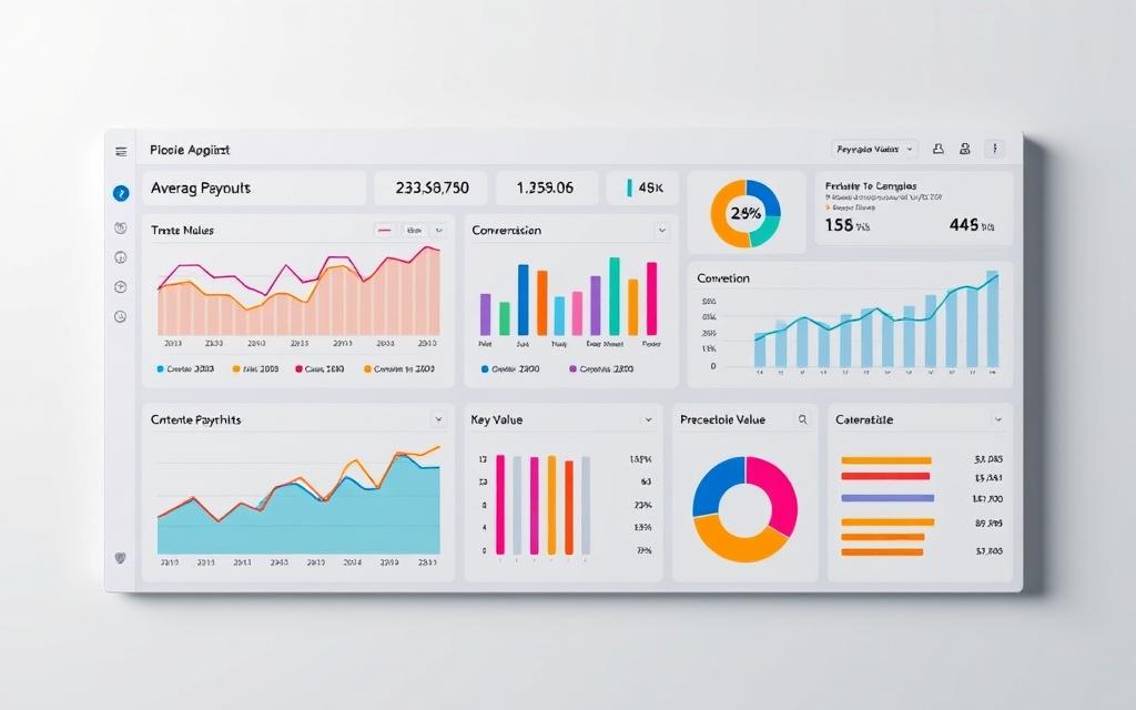 A neatly organized dashboard displaying clear visualizations of average payouts and key value metrics. The foreground features vibrant line graphs, bar charts, and pie charts illustrating sales data, conversion rates, and customer lifetime value. The middle ground showcases a minimalist user interface with intuitive data analysis tools. The background has a neutral color palette and soft lighting to create a professional, data-driven atmosphere. The overall composition conveys a sense of clarity, insight, and strategic decision-making.