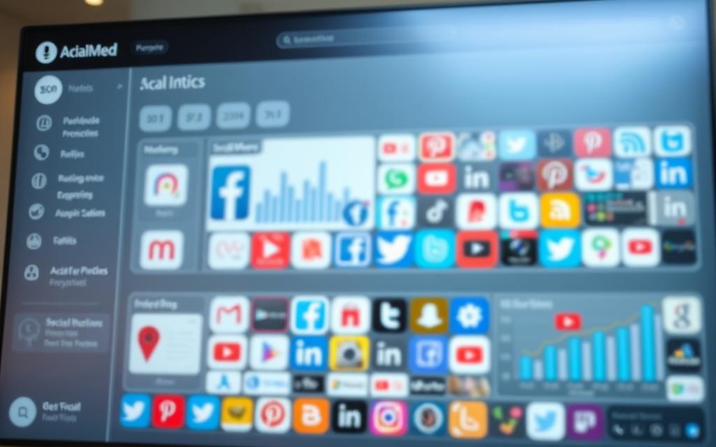 A neatly organized social media dashboard showcasing various profile icons, with search engine optimization (SEO) metrics and analytics seamlessly integrated. The foreground features a clean and minimalist user interface, with intuitive icons and graphs displaying key performance indicators. The middle ground depicts a collage of popular social media logos, subtly blending into the background. The overall scene is bathed in a soft, ambient lighting that evokes a sense of professionalism and efficiency, conveying the harmony between social media and SEO for enhanced online visibility and engagement. A neatly organized social media dashboard showcasing various profile icons, with search engine optimization (SEO) metrics and analytics seamlessly integrated. The foreground features a clean and minimalist user interface, with intuitive icons and graphs displaying key performance indicators. The middle ground depicts a collage of popular social media logos, subtly blending into the background. The overall scene is bathed in a soft, ambient lighting that evokes a sense of professionalism and efficiency, conveying the harmony between social media and SEO for enhanced online visibility and engagement.