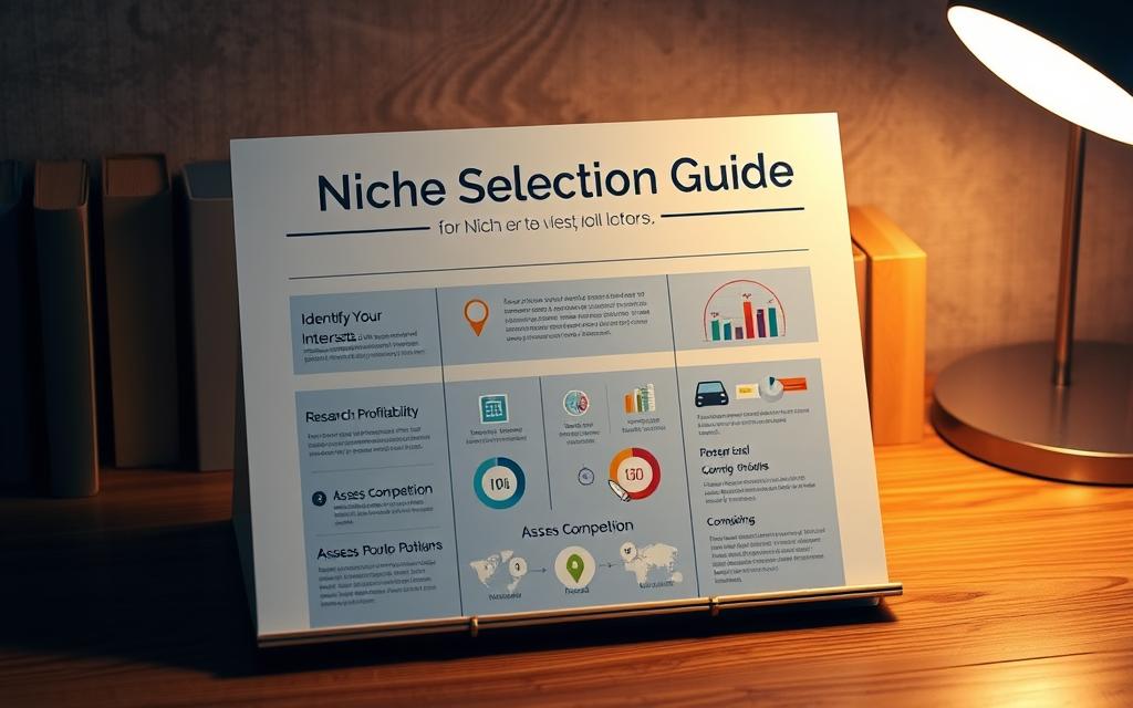 A niche selection guide displayed on a wooden desk, illuminated by soft, warm lighting. The guide is presented in the form of a sleek, modern infographic with clean typography and intuitive visual elements. The foreground showcases the guide's key sections, such as "Identify Your Interests", "Research Profitability", and "Assess Competition". The middle ground features thoughtful icons and data visualizations to support the decision-making process. The background has a subtle, blurred texture evoking a sense of depth and professionalism, complementing the guide's practical and informative nature. A niche selection guide displayed on a wooden desk, illuminated by soft, warm lighting. The guide is presented in the form of a sleek, modern infographic with clean typography and intuitive visual elements. The foreground showcases the guide's key sections, such as "Identify Your Interests", "Research Profitability", and "Assess Competition". The middle ground features thoughtful icons and data visualizations to support the decision-making process. The background has a subtle, blurred texture evoking a sense of depth and professionalism, complementing the guide's practical and informative nature.