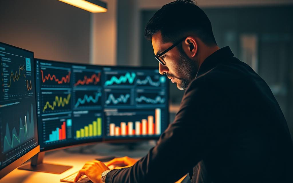 A professional data analyst closely examines analytics dashboards, meticulously tracking key performance indicators for affiliate marketing campaigns. The scene is illuminated by a warm, focused light, creating a pensive atmosphere. In the foreground, the analyst studies detailed charts and graphs, their face reflecting deep concentration. The middle ground features a sleek, modern desktop setup with multiple monitors displaying real-time data. The background showcases a minimalist office space, hinting at the larger context of the affiliate marketing business. The overall composition conveys a sense of diligence, precision, and the importance of data-driven decision-making in optimizing affiliate campaigns. A professional data analyst closely examines analytics dashboards, meticulously tracking key performance indicators for affiliate marketing campaigns. The scene is illuminated by a warm, focused light, creating a pensive atmosphere. In the foreground, the analyst studies detailed charts and graphs, their face reflecting deep concentration. The middle ground features a sleek, modern desktop setup with multiple monitors displaying real-time data. The background showcases a minimalist office space, hinting at the larger context of the affiliate marketing business. The overall composition conveys a sense of diligence, precision, and the importance of data-driven decision-making in optimizing affiliate campaigns.