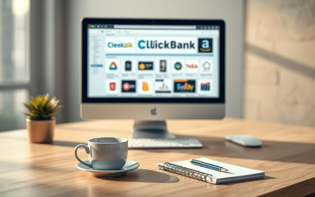 A professional, modern-looking workspace with a desk, computer, and various ClickBank product icons displayed on the screen. The desk is well-organized, with a cup of coffee, a notebook, and a pen nearby. The lighting is soft and natural, creating a warm, focused atmosphere. The background is blurred, with subtle patterns or textures to provide depth and visual interest. The overall composition conveys a sense of productivity, research, and careful consideration of ClickBank product options.