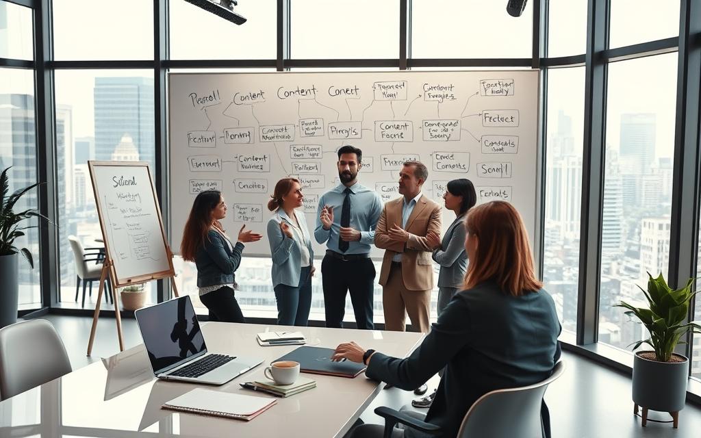 A professional, modern office setting with a whiteboard displaying various content marketing strategies. In the foreground, a team of marketers brainstorming ideas, gesturing animatedly. The middle ground showcases a stylish desk with a laptop, notepad, and cup of coffee, reflecting a productive workspace. In the background, floor-to-ceiling windows provide natural lighting and a cityscape view, creating a sense of urban sophistication. The overall atmosphere is one of collaboration, creativity, and a focus on effective content marketing tactics. A professional, modern office setting with a whiteboard displaying various content marketing strategies. In the foreground, a team of marketers brainstorming ideas, gesturing animatedly. The middle ground showcases a stylish desk with a laptop, notepad, and cup of coffee, reflecting a productive workspace. In the background, floor-to-ceiling windows provide natural lighting and a cityscape view, creating a sense of urban sophistication. The overall atmosphere is one of collaboration, creativity, and a focus on effective content marketing tactics.