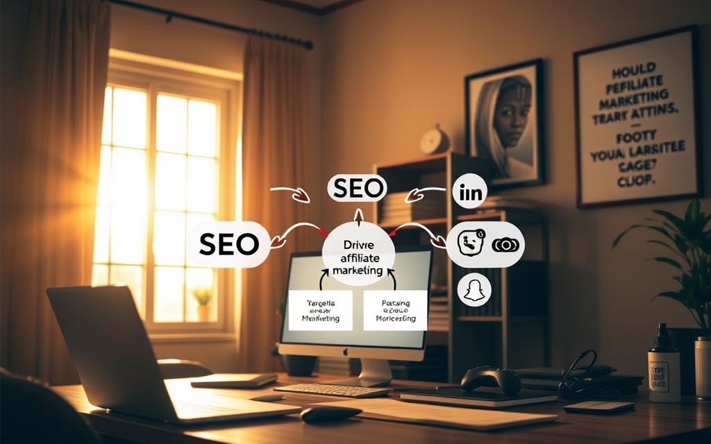 A serene and focused workspace, bathed in warm, golden light from a large window. In the foreground, a laptop and digital devices are arranged neatly, symbolizing the tools of online marketing. The middle ground features a stylized diagram illustrating the interplay between SEO and social media tactics, with arrows and icons conveying the flow of targeted traffic. In the background, a bookshelf and framed inspirational artwork create a contemplative, professional atmosphere. The overall mood is one of productive concentration, hinting at the strategies required to drive successful affiliate marketing campaigns. A serene and focused workspace, bathed in warm, golden light from a large window. In the foreground, a laptop and digital devices are arranged neatly, symbolizing the tools of online marketing. The middle ground features a stylized diagram illustrating the interplay between SEO and social media tactics, with arrows and icons conveying the flow of targeted traffic. In the background, a bookshelf and framed inspirational artwork create a contemplative, professional atmosphere. The overall mood is one of productive concentration, hinting at the strategies required to drive successful affiliate marketing campaigns.