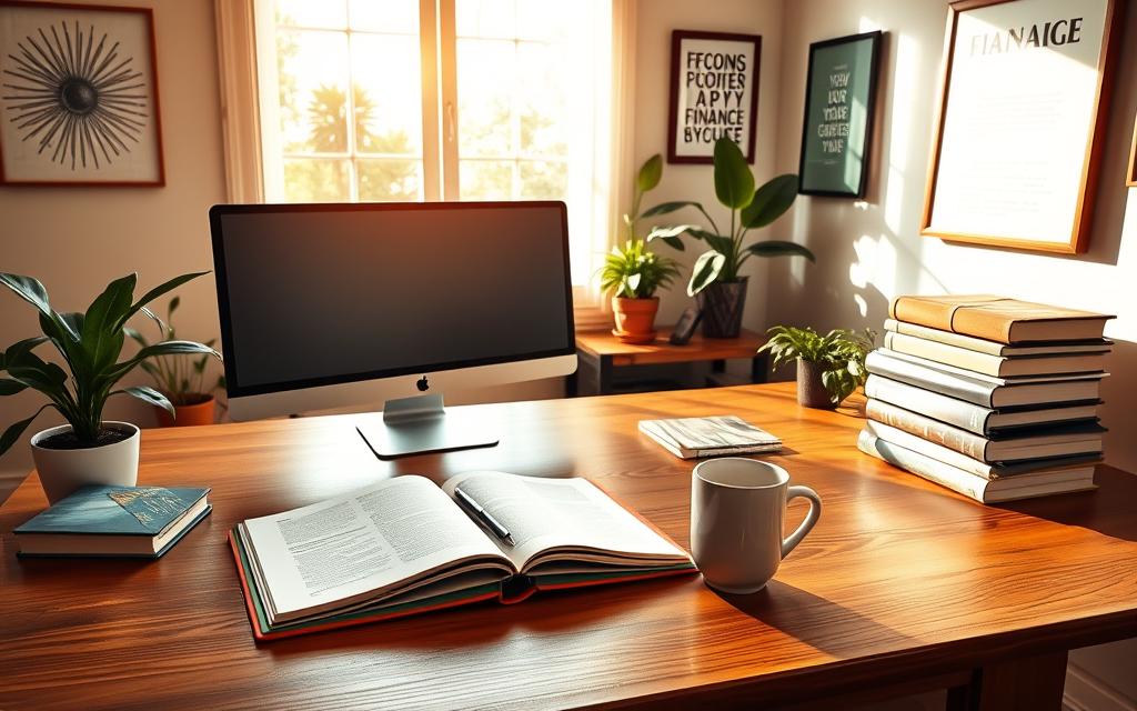 A serene home office space with a large wooden desk, a desktop computer, and a stack of books on personal finance. Warm, natural lighting filters through a window, casting a soft glow over the scene. On the desk, a notebook and pen lie open, alongside a mug of steaming coffee. Vibrant houseplants add a touch of greenery, while inspirational artwork adorns the walls. The overall atmosphere exudes a sense of focus, productivity, and a dedication to financial education and growth. A serene home office space with a large wooden desk, a desktop computer, and a stack of books on personal finance. Warm, natural lighting filters through a window, casting a soft glow over the scene. On the desk, a notebook and pen lie open, alongside a mug of steaming coffee. Vibrant houseplants add a touch of greenery, while inspirational artwork adorns the walls. The overall atmosphere exudes a sense of focus, productivity, and a dedication to financial education and growth.
