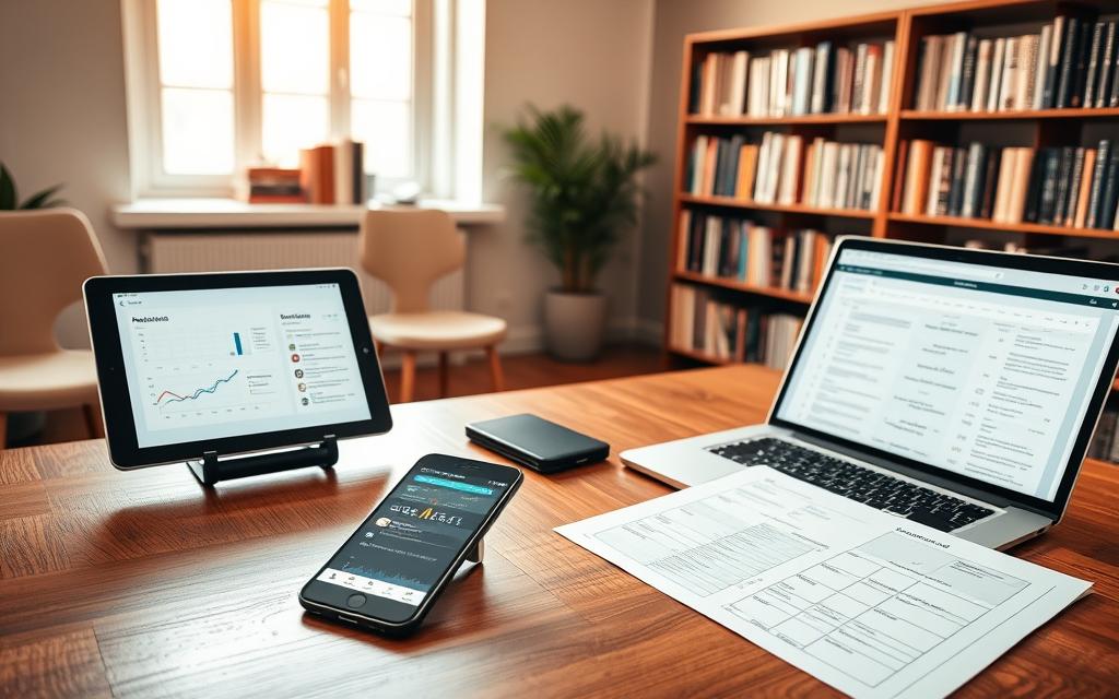 A serene office setting with a wooden desk showcasing various data collection tools - a tablet displaying analytics dashboards, a smartphone with location tracking features, and a laptop open to a spreadsheet of customer profiles. The room is bathed in warm, soft lighting from a large window, creating a sense of professionalism and diligence. In the background, a bookshelf filled with industry-relevant publications hints at the thoughtful, research-driven approach to data collection. The overall atmosphere conveys a balance between technology, privacy, and compliance, reflecting the nuanced nature of effective data strategies.