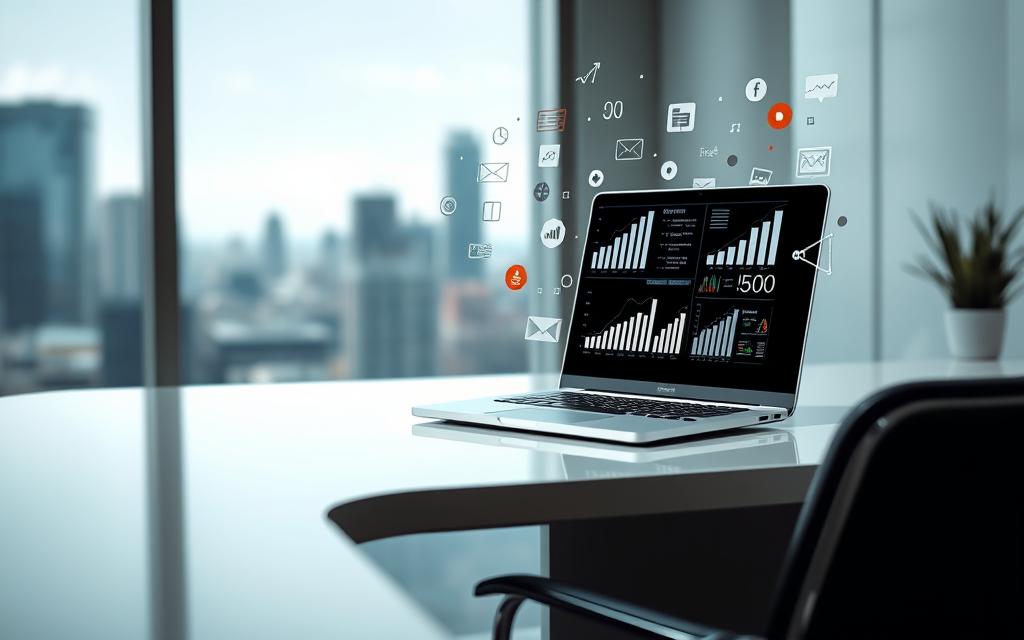 A serene, well-lit office setting with a sleek, minimalist desk. On the desk, a laptop computer displays search engine optimization techniques, with various graphs, charts, and icons floating in the air around it, conveying the data-driven, analytical nature of the subject. The background features a blurred city skyline, hinting at the broader digital landscape in which these techniques are applied. The overall atmosphere is one of focus, productivity, and a sense of discovery, with the viewer drawn into the dynamic visualization of search engine optimization.