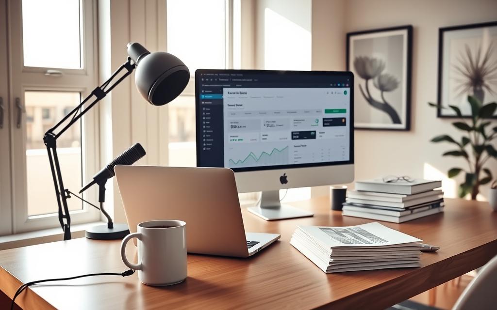 A sleek and modern home office setup, with a well-organized desk showcasing a laptop, coffee mug, and a ClickBank affiliate dashboard on the screen. The room has ample natural lighting from large windows, casting a warm, productive glow. On the desk, a professional-looking microphone and a neatly arranged stack of documents hint at the user's dedication to their ClickBank affiliate business. The walls are adorned with minimalist artwork, creating a sophisticated and inspirational atmosphere. A sense of focus and efficiency permeates the scene, capturing the essence of setting up a successful ClickBank affiliate venture. A sleek and modern home office setup, with a well-organized desk showcasing a laptop, coffee mug, and a ClickBank affiliate dashboard on the screen. The room has ample natural lighting from large windows, casting a warm, productive glow. On the desk, a professional-looking microphone and a neatly arranged stack of documents hint at the user's dedication to their ClickBank affiliate business. The walls are adorned with minimalist artwork, creating a sophisticated and inspirational atmosphere. A sense of focus and efficiency permeates the scene, capturing the essence of setting up a successful ClickBank affiliate venture.