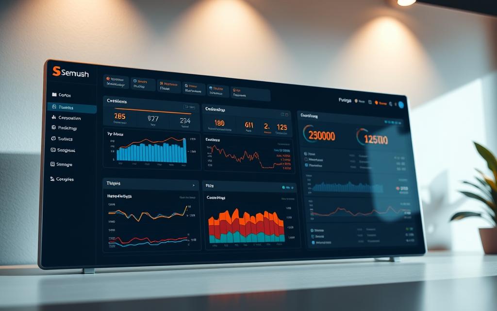 A sleek, modern dashboard showcasing the robust feature analysis capabilities of Semrush. In the foreground, a large, high-resolution display presents key metrics, charts, and insights, all rendered with a clean, minimalist aesthetic. The middle ground features a series of interactive tabs and filters, allowing the user to deep-dive into specific features and analyze data from multiple angles. In the background, a subtle gradient or texture creates a sense of depth and sophistication. Soft, directional lighting casts a warm glow across the scene, highlighting the dashboard's intuitive layout and user-friendly design. The overall mood is one of professionalism, productivity, and the power of comprehensive digital marketing analysis. A sleek, modern dashboard showcasing the robust feature analysis capabilities of Semrush. In the foreground, a large, high-resolution display presents key metrics, charts, and insights, all rendered with a clean, minimalist aesthetic. The middle ground features a series of interactive tabs and filters, allowing the user to deep-dive into specific features and analyze data from multiple angles. In the background, a subtle gradient or texture creates a sense of depth and sophistication. Soft, directional lighting casts a warm glow across the scene, highlighting the dashboard's intuitive layout and user-friendly design. The overall mood is one of professionalism, productivity, and the power of comprehensive digital marketing analysis.