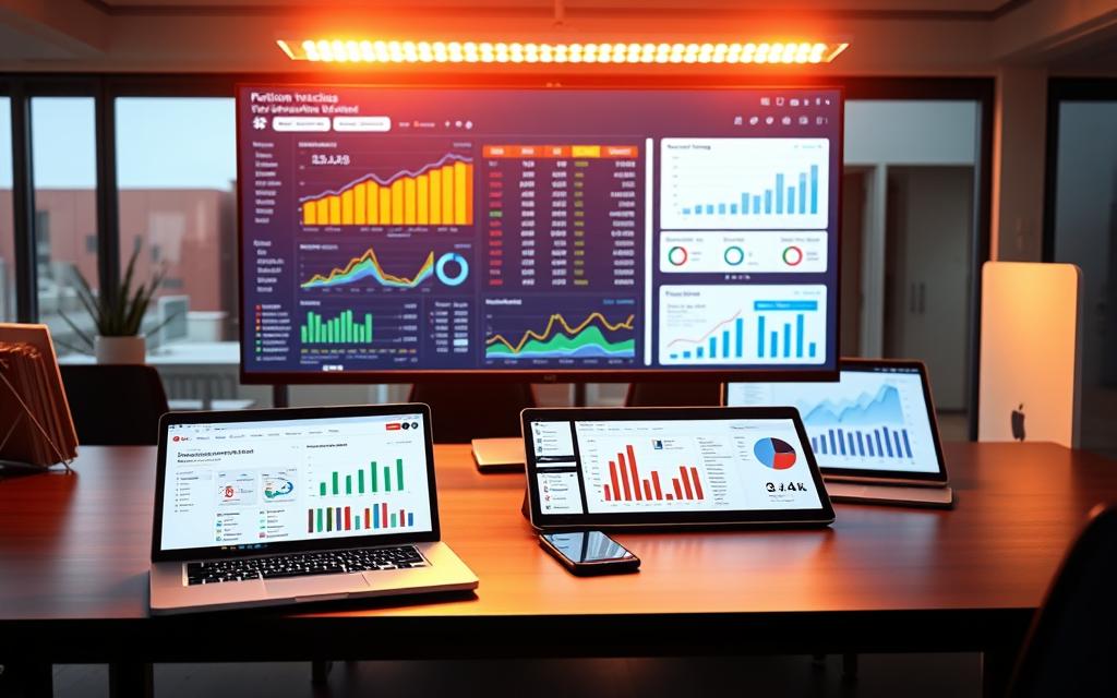 A sleek, modern office desk with a laptop, a smartphone, and a tablet displaying analytical SEO data. In the background, a large monitor shows a detailed position tracking dashboard, with colorful graphs and charts illustrating website rankings and search engine visibility. Overhead, a dynamic lighting system casts a warm, focused glow, creating a productive and data-driven atmosphere. The entire scene is captured with a high-quality, wide-angle lens to emphasize the comprehensive nature of the position tracking tool. A sleek, modern office desk with a laptop, a smartphone, and a tablet displaying analytical SEO data. In the background, a large monitor shows a detailed position tracking dashboard, with colorful graphs and charts illustrating website rankings and search engine visibility. Overhead, a dynamic lighting system casts a warm, focused glow, creating a productive and data-driven atmosphere. The entire scene is captured with a high-quality, wide-angle lens to emphasize the comprehensive nature of the position tracking tool.