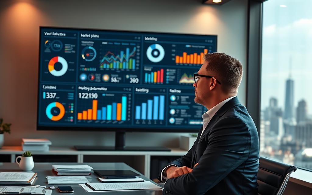 A sleek, modern office space with a large monitor displaying various marketing metrics and analytics dashboards. In the foreground, a thoughtful business executive examines the data, surrounded by neatly organized documents and a streamlined workspace. The middle ground features intuitive marketing automation software interfaces, showcasing features like email campaign management, lead generation tools, and social media integration. The background depicts a bustling city skyline, hinting at the global reach and scalability enabled by the marketing automation solutions. Soft, directional lighting illuminates the scene, creating a sense of professionalism and productivity. The overall tone conveys the efficiency, insights, and strategic advantages that marketing automation can bring to a thriving business. A sleek, modern office space with a large monitor displaying various marketing metrics and analytics dashboards. In the foreground, a thoughtful business executive examines the data, surrounded by neatly organized documents and a streamlined workspace. The middle ground features intuitive marketing automation software interfaces, showcasing features like email campaign management, lead generation tools, and social media integration. The background depicts a bustling city skyline, hinting at the global reach and scalability enabled by the marketing automation solutions. Soft, directional lighting illuminates the scene, creating a sense of professionalism and productivity. The overall tone conveys the efficiency, insights, and strategic advantages that marketing automation can bring to a thriving business.