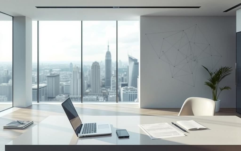 A sleek, modern office space with clean lines and muted tones. In the foreground, a desk with a laptop, papers, and a smart phone, symbolizing the digital landscape of modern business. In the middle ground, a large window overlooking a bustling cityscape, representing the interconnected world. The background features abstract geometric shapes and patterns, suggestive of the complex web of data protection regulations. Soft, diffused lighting creates a sense of professionalism and attention to detail. The overall atmosphere conveys a balance between technology, privacy, and the challenges of navigating the modern digital landscape.