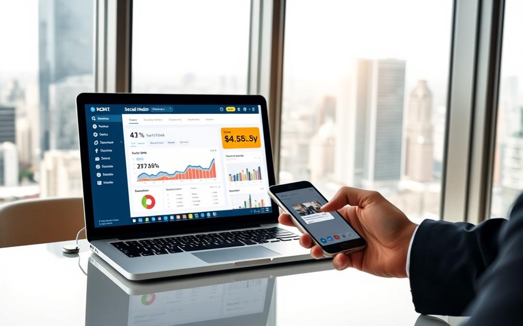 A sleek, modern office space with large windows overlooking a bustling city skyline. On the desk, a laptop displays a social media dashboard, revealing engagement metrics and brand trust indicators. In the foreground, a professional-looking hand holds a smartphone, scrolling through social media posts. The lighting is soft and natural, creating a sense of warmth and productivity. The overall mood is one of digital-savvy and strategic thinking, reflecting the importance of social media in modern SEO.