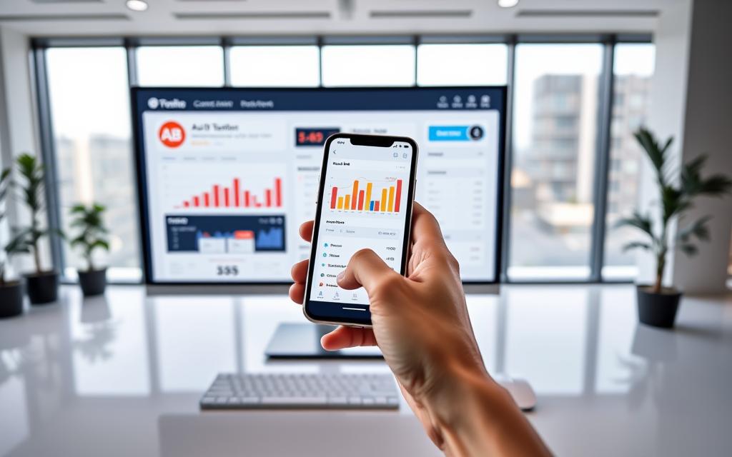A sleek, modern office workspace with a large monitor displaying an A/B testing dashboard. In the foreground, a hand holds a smartphone, tapping on the screen to analyze conversion metrics. The middle ground features a desk with a minimalist design, a keyboard, and a mouse. The background showcases a clean, airy room with floor-to-ceiling windows, allowing natural light to pour in and create a bright, productive atmosphere. The overall scene conveys a sense of data-driven optimization and digital marketing prowess.