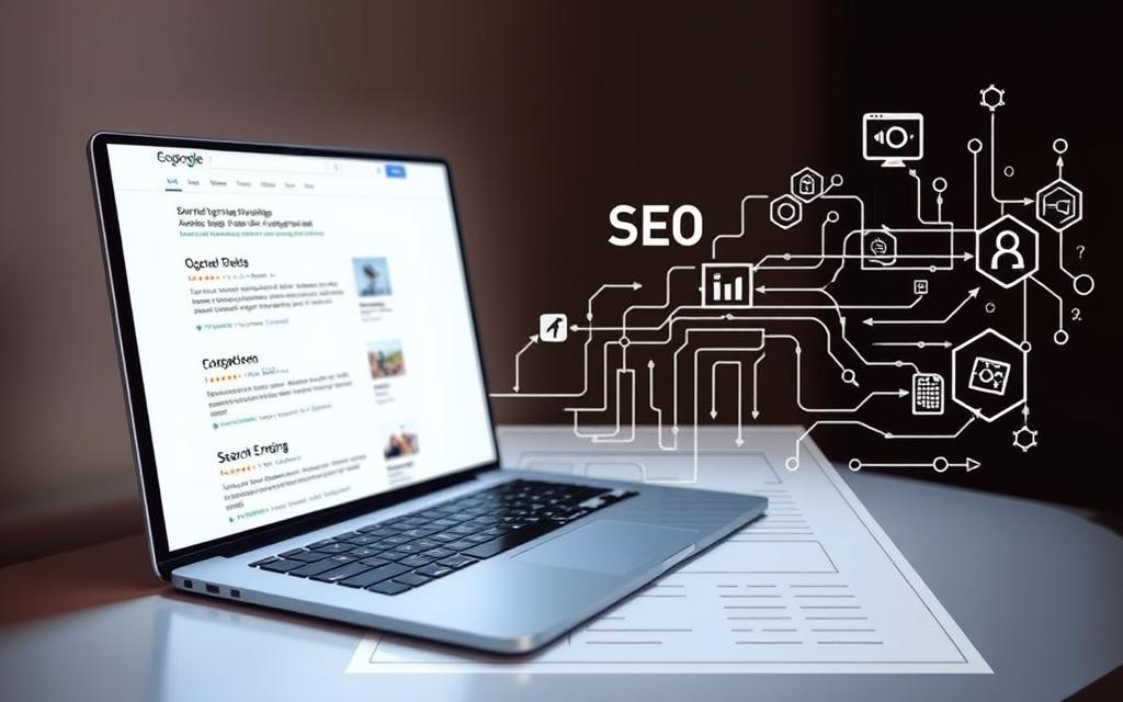 A sleek, modern website design with clean lines and a minimalist aesthetic, showcasing the principles of effective SEO optimization. In the foreground, a laptop displays a search engine results page, highlighting the importance of search engine visibility. The middle ground features a wireframe of a website layout, emphasizing the strategic placement of key elements. In the background, a stylized illustration of search engine algorithms and data flow, conveying the technical complexity of SEO. Soft, directional lighting casts a warm, professional glow, while the overall composition suggests a harmonious balance between design and functionality. A sleek, modern website design with clean lines and a minimalist aesthetic, showcasing the principles of effective SEO optimization. In the foreground, a laptop displays a search engine results page, highlighting the importance of search engine visibility. The middle ground features a wireframe of a website layout, emphasizing the strategic placement of key elements. In the background, a stylized illustration of search engine algorithms and data flow, conveying the technical complexity of SEO. Soft, directional lighting casts a warm, professional glow, while the overall composition suggests a harmonious balance between design and functionality.