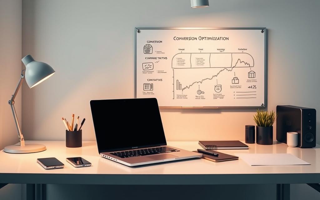 A sleek, modern workspace with a laptop, smartphone, and various digital marketing tools arranged neatly on a minimalist desk. The scene is bathed in warm, diffused lighting, creating a productive and focused atmosphere. In the background, a whiteboard displays a conversion optimization workflow, while small icons and infographics provide insights into key metrics and strategies. The overall composition suggests a thoughtful, data-driven approach to maximizing conversions, perfectly aligning with the article's subject and section title.