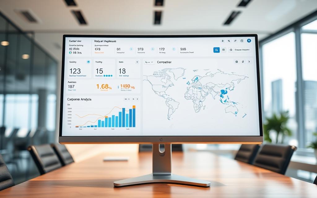 A sophisticated local SEO analytics dashboard displayed on a high-resolution monitor. The foreground features a sleek, minimalist interface with customizable widgets showcasing key performance metrics such as local search rankings, website traffic sources, and customer reviews. The middle ground depicts a geographic heat map highlighting the business's local market presence and competitor analysis. The background sets the scene with a modern, well-lit office environment, perhaps with a view of a cityscape through a large window, conveying a sense of professionalism and data-driven decision making. The overall mood is one of clarity, control, and a deep understanding of the local business's online visibility and performance.