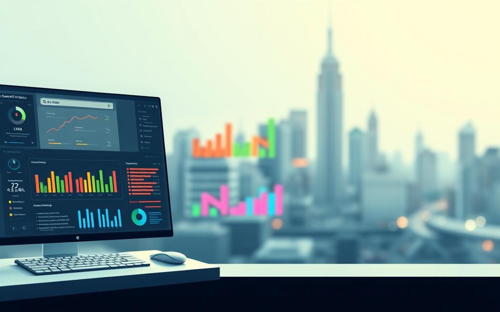 A stylized illustration of content optimization strategies, captured in a sleek, minimalist aesthetic. In the foreground, a clean user interface with various controls and metrics depicting search engine optimization, content analysis, and performance tracking. The middle ground showcases abstract data visualizations, with colorful graphs, charts, and infographics highlighting key insights and optimization opportunities. The background features a subtle, blurred cityscape, conveying the digital, interconnected nature of modern content optimization. Soft, directional lighting creates a sense of depth and focus, while a cool color palette evokes a professional, cutting-edge atmosphere.