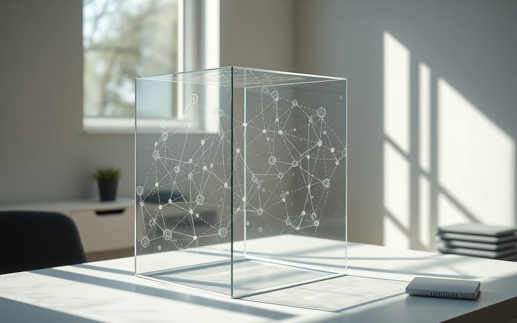 A transparent glass cube sits in a serene, minimalist workspace. Its surfaces are etched with delicate data visualizations, showcasing the flow and interconnectivity of information. Sunlight streams through the cube, casting intricate shadows that dance across the desk and walls. The overall atmosphere is one of openness, trust, and a commitment to responsible data management. The scene evokes a sense of clarity, simplicity, and a dedication to ethical digital practices.