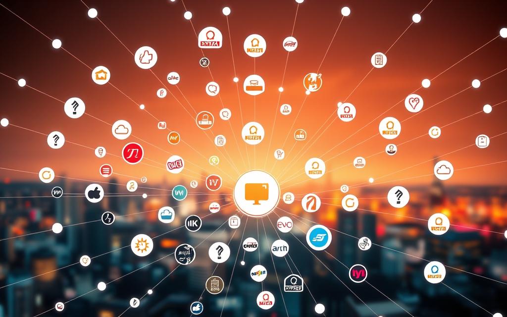 A vibrant and dynamic network of interconnected nodes representing various affiliate programs. The foreground depicts a central hub with multiple affiliate icons, logos, and links radiating outward like a spiderweb. The middle ground showcases different types of affiliate programs, from e-commerce to digital services, each with its own unique visual identity. The background features a soft, blurred cityscape, hinting at the global reach and scale of the affiliate marketing ecosystem. The lighting is warm and inviting, with a touch of futuristic luminescence, conveying the idea of a thriving, tech-savvy industry. The camera angle is slightly elevated, providing an overview of the intricate affiliate program network. A vibrant and dynamic network of interconnected nodes representing various affiliate programs. The foreground depicts a central hub with multiple affiliate icons, logos, and links radiating outward like a spiderweb. The middle ground showcases different types of affiliate programs, from e-commerce to digital services, each with its own unique visual identity. The background features a soft, blurred cityscape, hinting at the global reach and scale of the affiliate marketing ecosystem. The lighting is warm and inviting, with a touch of futuristic luminescence, conveying the idea of a thriving, tech-savvy industry. The camera angle is slightly elevated, providing an overview of the intricate affiliate program network.