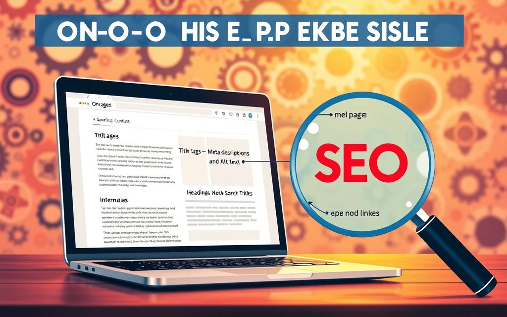 A vibrant and informative illustration showcasing the key on-page SEO elements. In the foreground, a laptop screen displays a clean, well-structured web page with neatly organized content sections, headings, and metadata. The middle ground features a magnifying glass highlighting specific on-page factors such as title tags, meta descriptions, alt text, and internal links. In the background, a maze of interconnected gears and cogs symbolizes the complex algorithms of search engines, carefully analyzing the optimized page. The scene is bathed in a warm, inviting light, conveying the efficacy and importance of on-page SEO for driving organic traffic and improving search visibility.