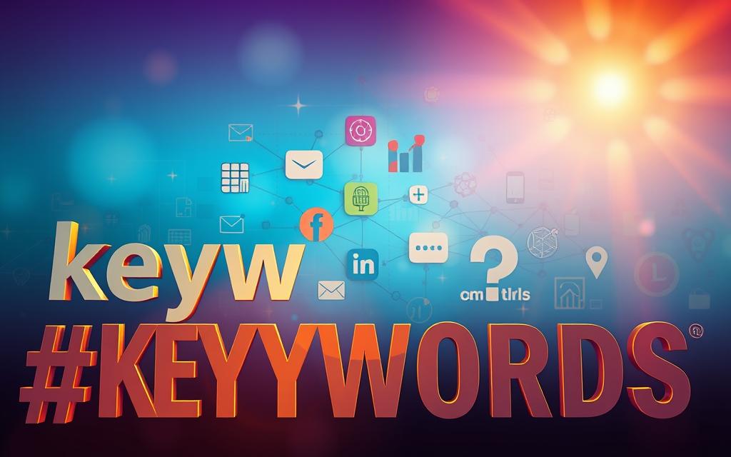 A vibrant collage depicting the harmonious integration of keywords and hashtags for social media optimization. In the foreground, bold typographic elements and geometric shapes artfully showcase the key concepts, bathed in warm, golden lighting. The middle ground features a dynamic network of interconnected icons, symbols, and visual cues, representing the intricate relationships between keywords, hashtags, and online engagement. The background subtly blends shades of blue and purple, evoking the digital realm of social platforms, with subtle textures and patterns adding depth and complexity. Crisp, high-resolution rendering with a cinematic, wide-angle lens captures the essential strategies for effective keyword and hashtag integration. A vibrant collage depicting the harmonious integration of keywords and hashtags for social media optimization. In the foreground, bold typographic elements and geometric shapes artfully showcase the key concepts, bathed in warm, golden lighting. The middle ground features a dynamic network of interconnected icons, symbols, and visual cues, representing the intricate relationships between keywords, hashtags, and online engagement. The background subtly blends shades of blue and purple, evoking the digital realm of social platforms, with subtle textures and patterns adding depth and complexity. Crisp, high-resolution rendering with a cinematic, wide-angle lens captures the essential strategies for effective keyword and hashtag integration.