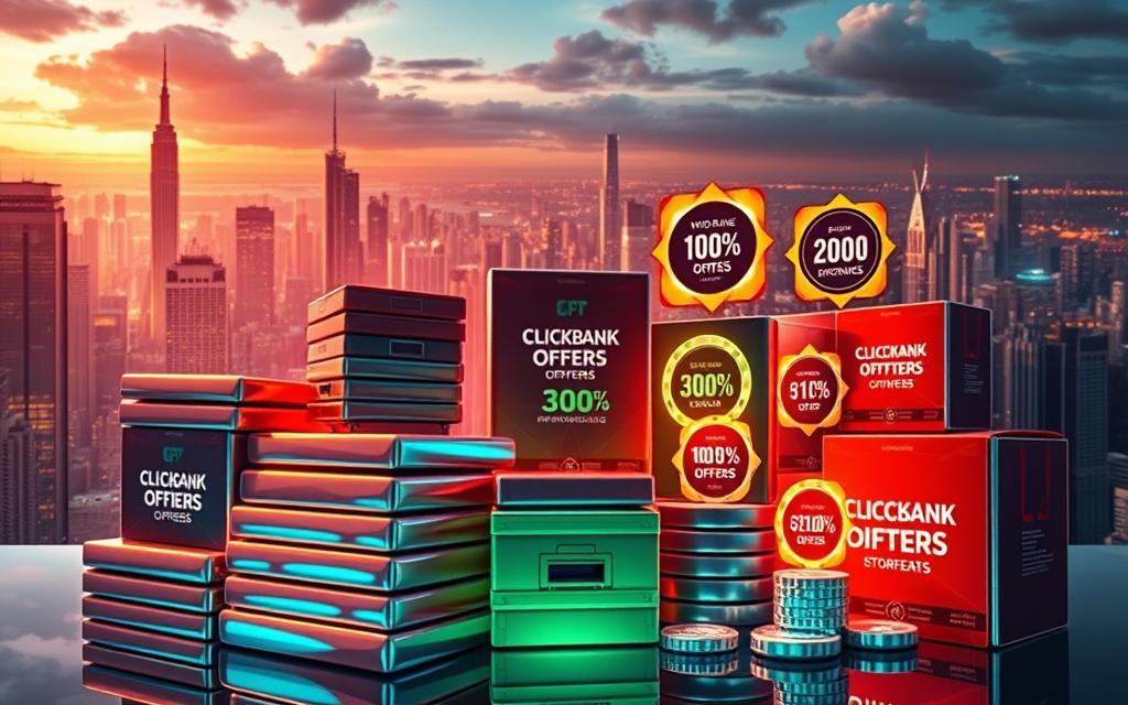 A vibrant collage of top-performing ClickBank offers, captured in a dynamic, digital-inspired composition. In the foreground, a stack of glossy product packages in various shapes and sizes, each reflecting a unique digital interface. The middle ground features holographic icons, data visualizations, and animated badges showcasing performance metrics. In the background, a futuristic cityscape of towering skyscrapers and neon-lit landscapes, suggesting the scale and potential of these successful digital products. The lighting is a balance of warm and cool tones, creating depth and emphasizing the digital aesthetics. The overall mood is one of excitement, innovation, and the promise of financial success in the world of online marketing.