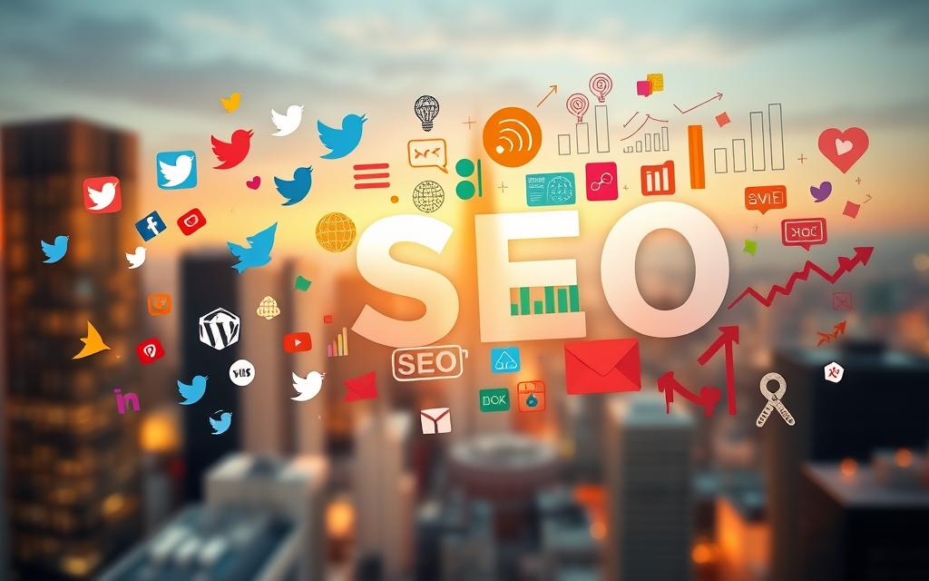 A vibrant collage showcasing social media and SEO strategies. In the foreground, colorful social media icons and symbols float against a hazy backdrop. In the middle ground, analytics charts, search engine optimization elements, and digital marketing tools organically intertwine. The background features a blurred cityscape, conveying the dynamic, interconnected nature of online marketing. Warm, diffused lighting creates a sense of energy and collaboration. Captured with a wide-angle lens to encompass the holistic nature of these synergistic strategies. A vibrant collage showcasing social media and SEO strategies. In the foreground, colorful social media icons and symbols float against a hazy backdrop. In the middle ground, analytics charts, search engine optimization elements, and digital marketing tools organically intertwine. The background features a blurred cityscape, conveying the dynamic, interconnected nature of online marketing. Warm, diffused lighting creates a sense of energy and collaboration. Captured with a wide-angle lens to encompass the holistic nature of these synergistic strategies.