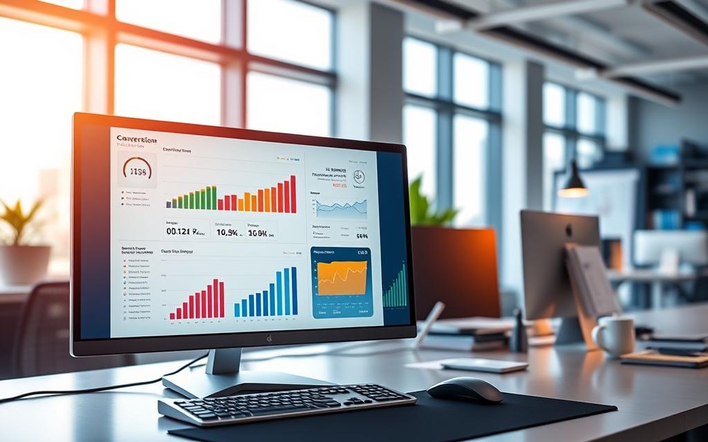 A vibrant data visualization dashboard showcasing conversion metrics. In the foreground, a sleek computer monitor displays a clean interface with colorful charts, graphs, and interactive visualizations. The middle ground features a workspace with a stylish keyboard, mouse, and other office accessories, all bathed in warm, directional lighting. The background depicts a modern, minimalist office environment with large windows, allowing natural light to filter in and create a productive, analytical atmosphere. The overall scene conveys a sense of efficiency, insight, and a data-driven approach to tracking the success of an affiliate marketing campaign. A vibrant data visualization dashboard showcasing conversion metrics. In the foreground, a sleek computer monitor displays a clean interface with colorful charts, graphs, and interactive visualizations. The middle ground features a workspace with a stylish keyboard, mouse, and other office accessories, all bathed in warm, directional lighting. The background depicts a modern, minimalist office environment with large windows, allowing natural light to filter in and create a productive, analytical atmosphere. The overall scene conveys a sense of efficiency, insight, and a data-driven approach to tracking the success of an affiliate marketing campaign.